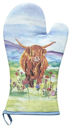 The Leonardo Collection Jennifer Rose Highland Cow Single Oven Glove | Cotton Construction, Heat Resistant Lining, Comfortable Fit, Safe Pan Handling, Highland Artwork, Kitchen Essential