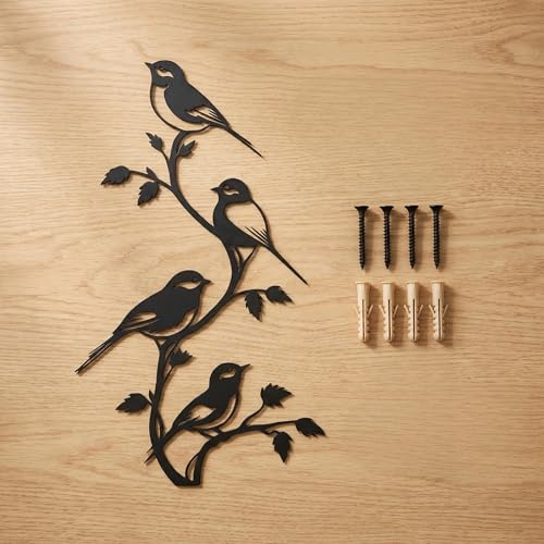 BGJJGT Metal Garden Wall Art 38cm Black Birds on Branch Silhouette | Corrosion-proof black iron, pre-drilled holes with screws and plugs included, for garden fence patio room