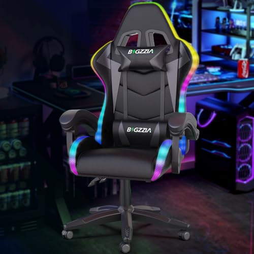 bigzzia RGB Gaming Chair with LED Lights and Ergonomic Computer Chair Reclining PU Leather High Back Video Game Chair (Black, With RGB Lights)