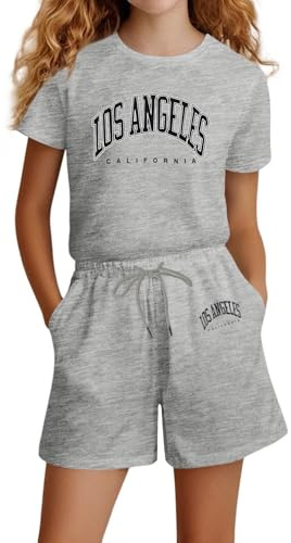 Chándal para niña, ropa deportiva, chándal para niños, traje deportivo para niña, conjunto casual de verano, pantalones cortos de verano, ropa de 2 piezas con estampado temático, cuello redondo, ropa