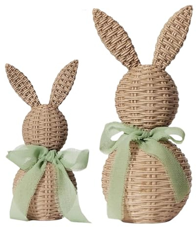 Rabbit Figures, Pack of 2 Cute Rustic Spring Decoration with Bow - Easter Bunny Decorative Collectible Figures - for Home, Living Room, Bedroom, Kitchen, Office, Farmhouse, Housewarming, Birthday