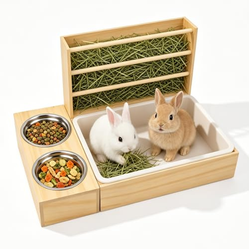 Rabbit Hay Feeder, 3 in 1 Wooden Hay Holder with Litter Tray and 2 Stainless Bowls, Large Bunny Feeder Manger, Small Animal Hay Rack, Rabbit Food Dispenser for Guinea Pig Hamster Chinchilla Ferret