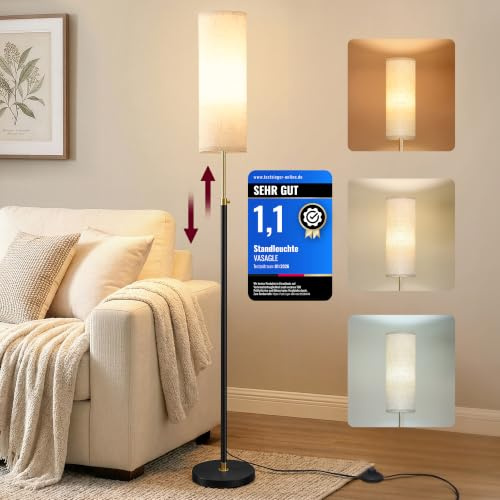 VASAGLE LED Golvlampa, Läslampa med Tygskärm, 25 x 25 x 148 cm