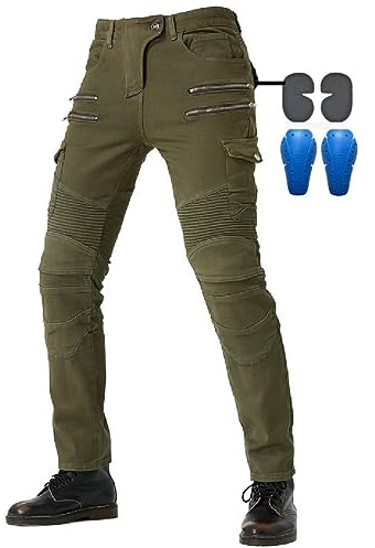 WCCI Pantalones de Motociclista Hombres Forro Protector Moto de la Motocicleta Trabajo Pantalones Jeans Cargo Blindada (L= 32W / 32L, Ejercito Verde)