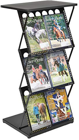 DISPLAY SALES Stehpult Prospektständer schwarz | Mobile Falttheke aus Metall mit 3 Ablagefächern für Kataloge, Flyer oder Prospekte | auch als Rednerpult verwendbar