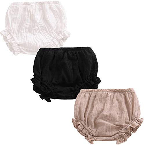 3PC Shorts Set Newborn Baby Girls Boys PP Pants Cotton Linen Blend Cute Floral Bloomer Triangle Shorts (A White+Black+Khaki,0-6 Months)