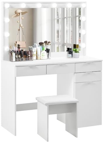 TUKAILAi Tocador de Maquillaje con Hollywood LED y Espejo Grande, Tocador de Maquillaje con Luz y Taburete, Mesa de Tocador con 5 Cajones, Mueble de Dormitorio de Estilo Moderno (Blanco)