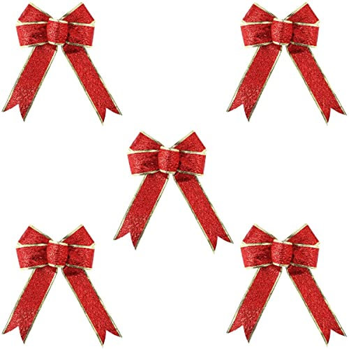 FIBOUND Lazos Navideños Rojo - 5 Pcs Lazo de Cinta para Árbol de Navidad, Corona y Decoración de Regalo