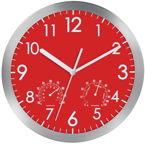 WOOPHEN 12“ Silent Wall Clock, Battery Operated Non Ticking Glass Cover Silver Aluminum Frame Wall Clocks for Office, Home, Bathroom, Kitchen, Bedroom, School, Living Room(Red)