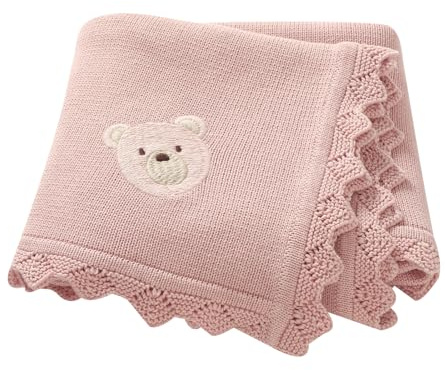 DovFanny Coperta traforata in cotone per neonati, coperta in maglia morbida per neonati maschi e femmine con adorabile orsetto ricamato