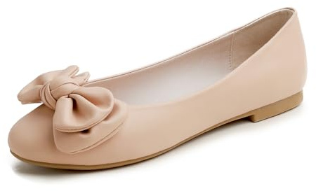 FEVERSOLE Women's Round Toe Cute Bow Trim Ballet Flats Nude Vegan Leather Size 8 M US