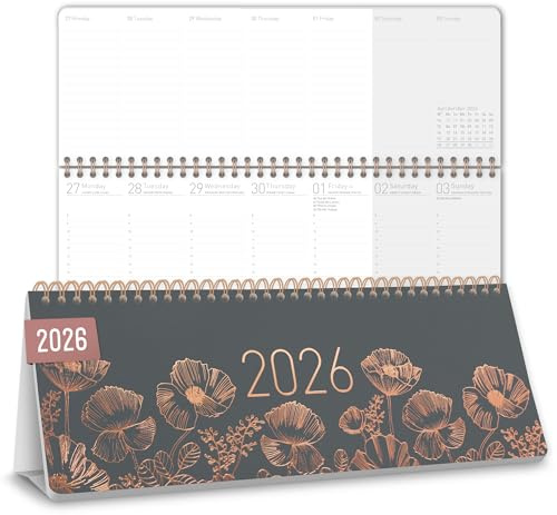 Häfft® Calendario Internazionale da tavolo 2026 orizzontale Poppy 1 settimana 2 pagine - 29,8 x 11,6 cm - multilingue - sostenibile e rispettoso del clima