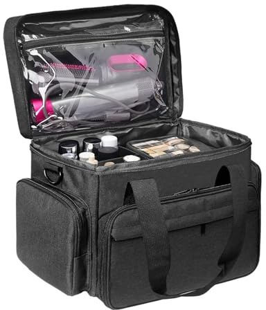 Grande borsa per il trucco con 2 tasche rimovibili, divisori staccabili e tracolla, borsa organizer professionale da viaggio per cosmetici, accessori per capelli, articoli da toeletta, salone di