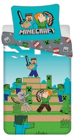 Minecraft Sängkläder för enkelsäng | påslakan 140 x 200 cm + stort örngott 70 x 90 cm, 100 % bomull, mjuka ventilerande barnsängkläder set | Minecraft påslakan