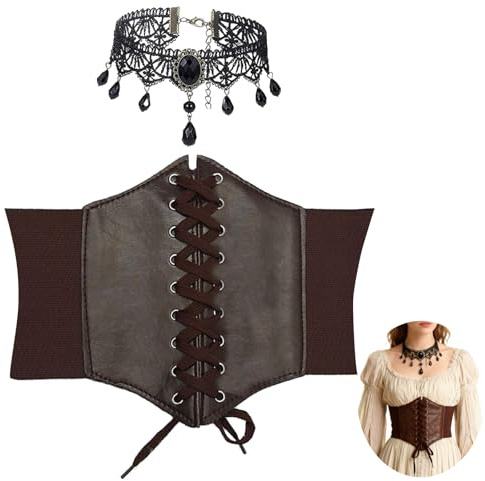 LIUYIDM 2 Pezzi Cintura Corsetto, con 1 Choker Collana, Vintage Corsetto Donna, Cintura Nera Donna, Corpetto Top Donna, Corsetto Elegante, da Abito Medievale(Marrone)