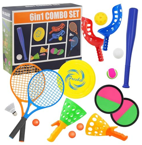Set de Jeux Extérieurs 6 en 1 pour Enfants, Baseball/Frisbee/Tennis/Ballons Collants, Jeux en Famille, Jeux de Camping Portable,Ensemble de Sports Day Jeux(≥3 Ans)