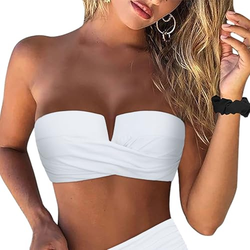 Hilor Retro Bikini Swimsuit Top for Women Strapless Bikini Swimwear Sexy Bandeau Push Up Bathing Suit Tops White 10