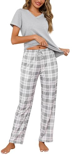 Bresdk Pigiama Donna Estivo in Cotone con Maglietta Manica Corta e Pantaloni Lunghi a Quadri Pigiami Due Pezzi da Donna Scollo a V - Comodo, Leggero e Morbido Grigio XL