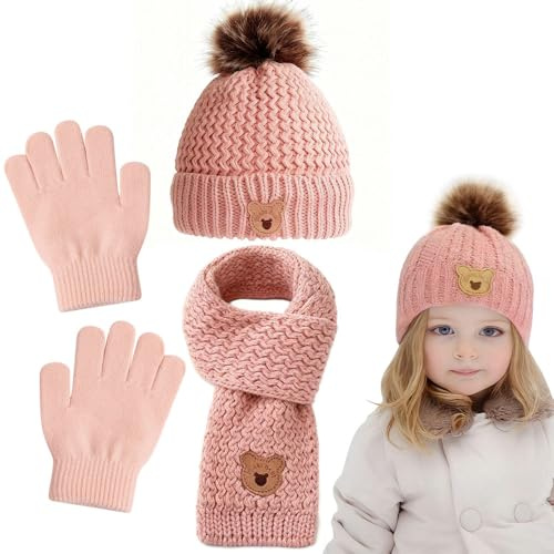 CLIUNT Kids Winter Hat, Beanie Knitted Hat Scarf and Gloves Set Kids, Fleece lined, Thickened Thermal Windproof Three-Piece Set, Winter Accessories Sets for Children Age 3-8 (Pink)
