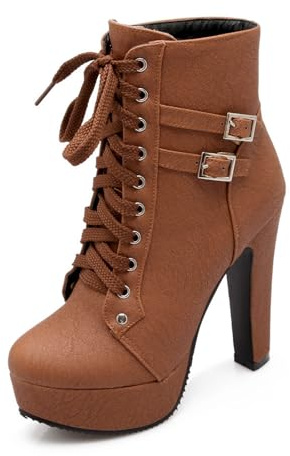 NHBEOEN Women's Leather Platform High Heel Ankle Boots with Double Buckle Sexy Round Toe Lace-up Chunky Heel Combat Booties for Party Dates Prom Dress Boots (brown,11)