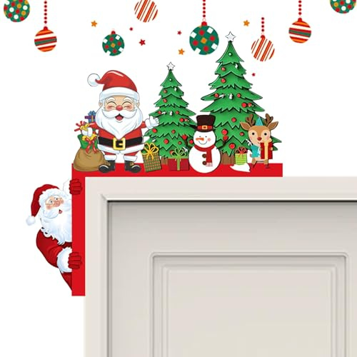 KASESSS Decorazione Porta Natale Legno, Decorazioni Natalizie Porta Ingresso Legno, Natale Decorazioni Casa per Albero Babbo Natales con Adesivo Rotondo, Colorato Addobbi Natalizi per Porte, Finestre