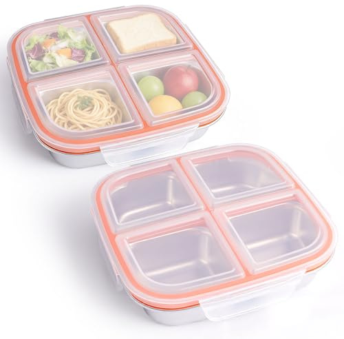 Hainue 2 Cajas Bento,Snack Box con Compartimentos de Acero Inoxidable,Aperitivos con 4 Compartimentos para Sándwich, dulces,Frutos Secos,Galletas,Verduras (2 unidades de 600 ml)
