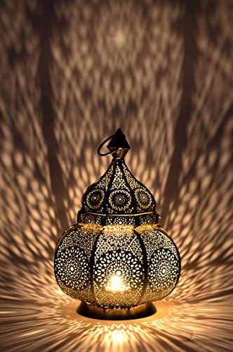 Orientalische Laterne Metall Lamis Goldfarbig 30cm | orientalisches Marokkanisches Windlicht Gartenwindlicht | Marokkanische Metalllaterne für draußen als Gartenlaterne, Innen als Tischlaterne