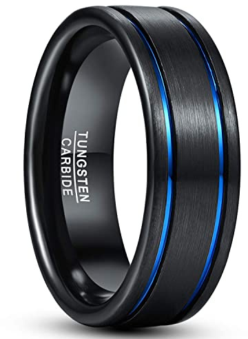 TUNGSTORY 8mm Bague de Fiançailles pour Homme Bague en Carbure de Tungstène Noire avec Rainures Bleues Finition Brossée Coupe Confort Taille 54.4(17.3)