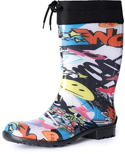 Ladeheid Botas de Agua Impermeables para Mujer Botas Antideslizantes Rubberboots Altas de Lluvia en PVC Zapatos de Mujeres LA-968 (Periódico, 37 EU)