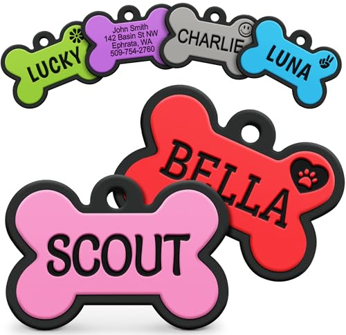 GoTags Silicone Dog Tags, Soundless Pet Tag, Personalized Silent Tag Engraved for Pets with Cute Custom Designs, for Dogs and Cats, (Bone, Pink)