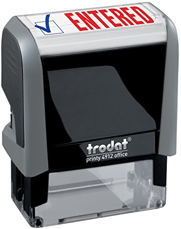 Trodat Printy 4912 2-Color Message Stamp - Self-Inking, Red and Blue Ink, Impression Size 3/4 x 1-7/8 (Entered)
