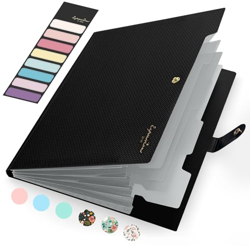 Sooez Accordion File Organizer, Letter Size Expanding File Folder with Labels, 5 Pocket Folders for Document, Portable Paper Bill Receipt Organizer for Home School Office Supplies, A4 Size, Black