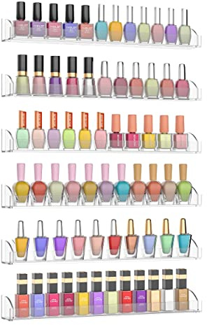 Hexsonhoma 15 Inch Acrylic Nail Polish Rack for Wall Set of 6, Wall Mounted Nail Polish Display Rack with End Caps, Nail Oranizer and Storage for Nail Tech, Hold Up to 90 Bottles (15 Inch)