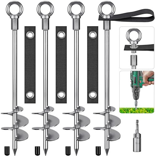 Insaga 4er Zeltheringe,42cm Zelt Heringe Erdnägel Stabil Lang Erdanker Bodenanker Schraubheringe Zelthaken für Trampolin/Schaukel/Camping/Schuppen/Hunt/Carport mit Fester Schlaufenband