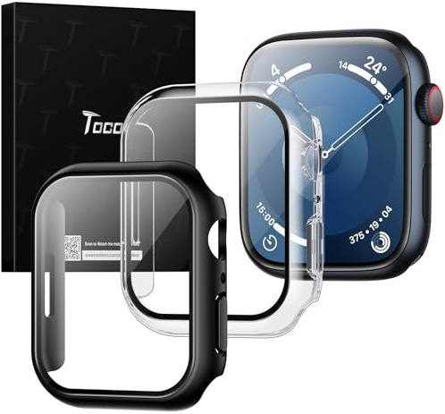 TOCOL 2 Stück Hülle für Apple Watch Series 9 8 7 41mm Case mit Schutzfolie, Case für iWatch Series 9 Series 8 Series 7 41mm, HD Bläschenfrei Kratzfestes für iWatch 9/8/7 41mm - Schwarz/Transparent
