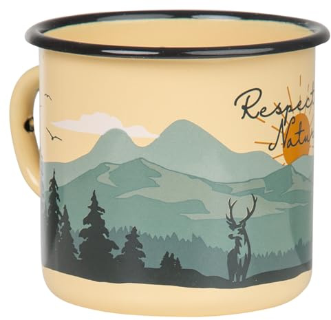 MUGSY Emaljkopp, respekt naturmotiv, 330 ml, beige, okrossbar och lätt, retro camping mugg