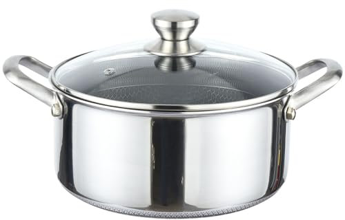 Casserole en acier inoxydable avec couvercle en verre - Diamètre : 24 cm - 4 l - Anti-adhésive - Structure en nid d'abeille - Passe au four - Revêtement anti-adhésif en nid d'abeille