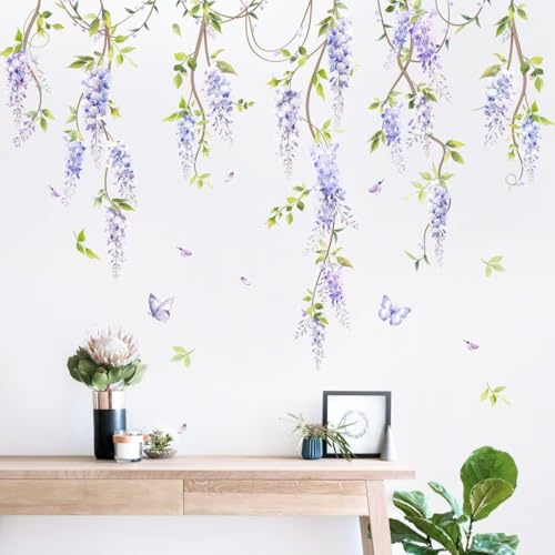 Purple Flower Wall Stickers Hanging Wisteria Floral Boho Summer Wall Decals | Peel and Stick Spring Wall Art Decor for Living Room Bedroom Office Nursery Classroom