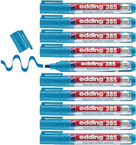 Edding 385 marcatore per flipchart da effetti speciali - azzurro - 10 penne - punta flessibile a pennello 1-5 mm - marcatore per evidenziare, ombreggiare e segnare su carta per flipchart - non cola