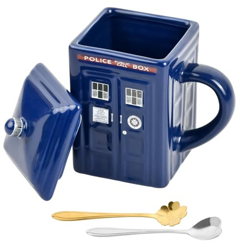 Mapille Tazas de Cafe, Taza de Té, Taza Cerámica, Taza con Tapa y Cuchara, Tazas Originales para Regalar, Amigos, Familias, Colegas, 450ml, Azul