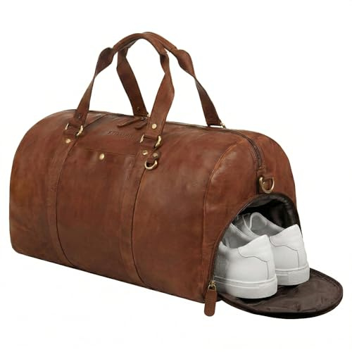 STILORD Ventura Bolsa de Viaje Grande de Cuero para Hombre Weekender 40L con Compartimento para Zapatos - Duffle Bag Vintage Travel Bag Piel Autentica de Mano y Fitness Color:Brandy - coñac