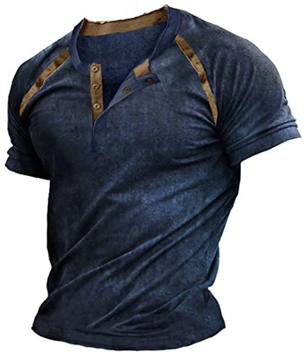 Generico Maglietta Maniche Corte Uomo, Uomo Henley Maglietta T-Shirt Uomo Slim Fit Particolari Fantasia Magliette con Stampa Casual Maglietta Uomo Casual Cotone Top da Uomo Casual, Comoda E Versatile