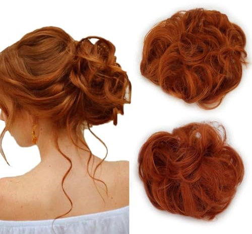 LaLuLoLi 2pcs/pack Copper Red Easy Hair Bun Extensions Wavy Curly Messy Buns Synthetic Chignon Hairpiece Hair Pieces Hair Updos for Women Girl - #119B Orange Red Color