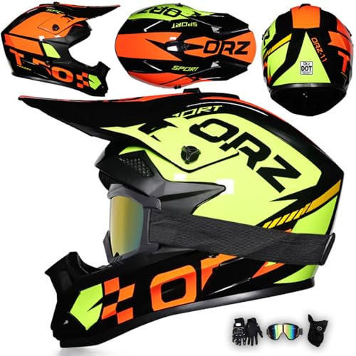 MODRYER Motocross Helm Fullface Downhill Motorradhelm Mit Brille Handschuhe Maske, Kinder Erwachsene MTB Helm Enduro Integralhelm ATV Quad BMX MTB Helmet Für Damen Herren,Yellow-L