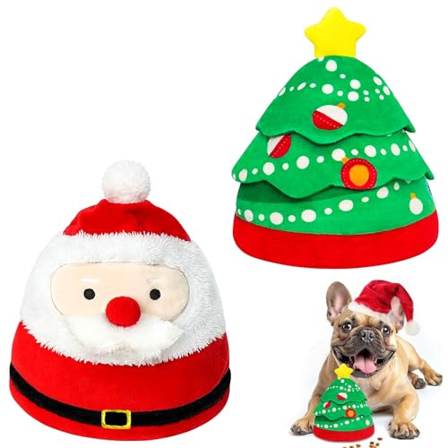 Interaktiv hundleksak, jul, pipande leksak, hund, tuggleksak, tandrengöring, 2-i-1 jultomte och julgransdesign, plysch husdjurs-leksak för stora och små hundar