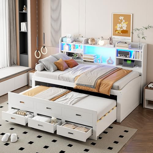 DUlVBPE Sofá cama, cama diurna, 90 x 200 cm, mando a distancia LED, 3 cajones, mesita de noche, cama extensible multifuncional con USB+Type-c, sin colchón, blanco