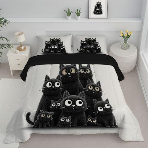 ANALTIRCE Edredon Cama 90 Dibujo Animado Gato Negro Estampado Infantil, Edredón Nórdico 4 Estaciones 140x200cm, Colcha Transpirable De Microfibra Lavable Anime Animales, 1 Fundas De Almohada