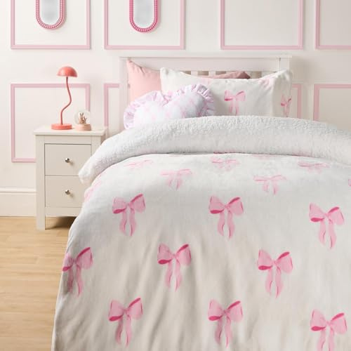 OHS Bows Duvet Covers Double, Gifts for Women Double Fleece Duvet Cover Sets Soft Warm Cosy Bow Print Winter Christmas Bedding Sherpa Reverse Bedding with Pillowcases, Pink/White