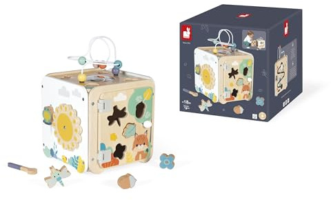 Janod - Grande cubo multiattività in Legno - 8 attività per Bambini e Neonati - Giocattolo educativo - Sviluppo delle capacità motorie Fini - Giocattolo in Legno - dai 18 Mesi