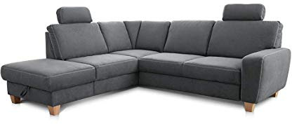 Cavadore Ecksofa Wisconsin mit Bettfunktion / Schlafsofa mit Federkern / Inkl. 2 Kopfstützen + Stauraum / Landhausstil / Holzfüße in Buche / Mikrofaser / Größe: 248 x 88 x 215 cm (BxHxT) / Farbe: Grau